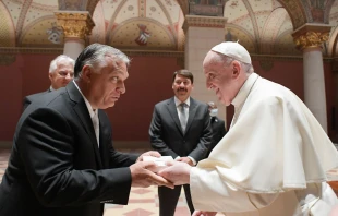 Pope Francis greets Hungarian Prime Minister Viktor Orbán in Budapest, Sept. 12, 2021. Vatican Media/ EWTN.